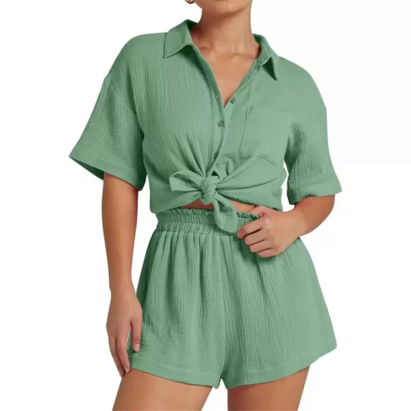 Flygo Womens Casual 2 Piece Outfits Cotton Linen Sets Button Down Shirt Top Shorts Pajama Set Tracksuit