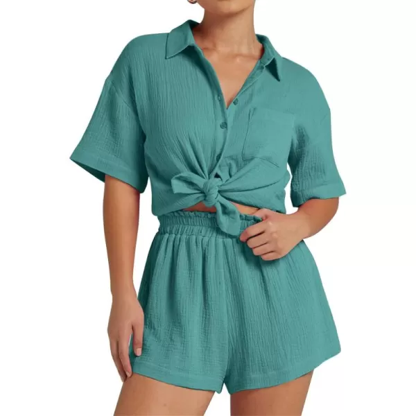 Flygo Womens Casual 2 Piece Outfits Cotton Linen Sets Button Down Shirt Top Shorts Pajama Set Tracksuit