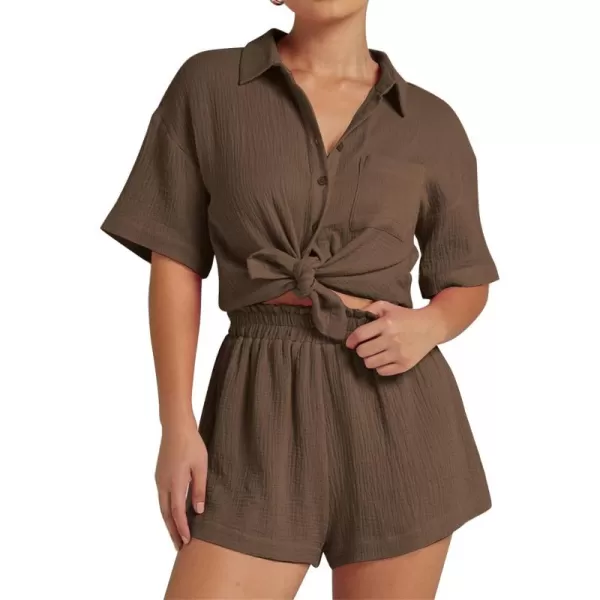 Flygo Womens Casual 2 Piece Outfits Cotton Linen Sets Button Down Shirt Top Shorts Pajama Set Tracksuit