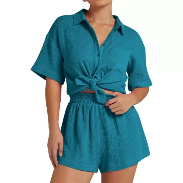 Flygo Womens Casual 2 Piece Outfits Cotton Linen Sets Button Down Shirt Top Shorts Pajama Set Tracksuit