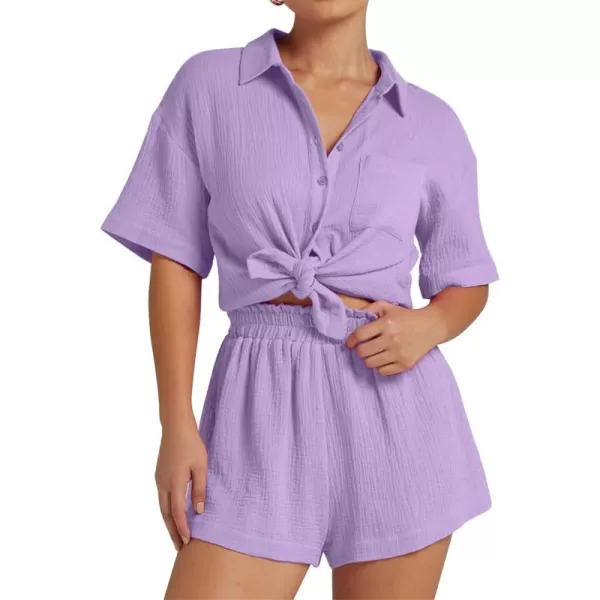 Flygo Womens Casual 2 Piece Outfits Cotton Linen Sets Button Down Shirt Top Shorts Pajama Set Tracksuit