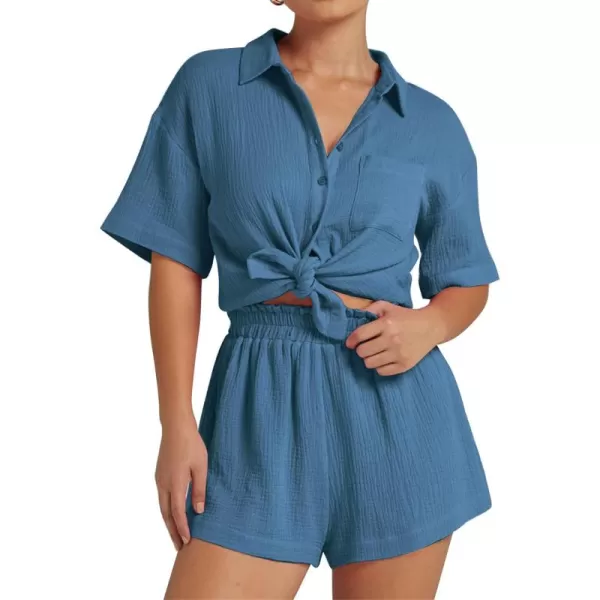 Flygo Womens Casual 2 Piece Outfits Cotton Linen Sets Button Down Shirt Top Shorts Pajama Set Tracksuit