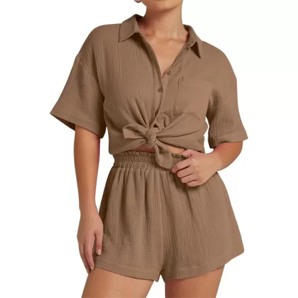 Flygo Womens Casual 2 Piece Outfits Cotton Linen Sets Button Down Shirt Top Shorts Pajama Set Tracksuit