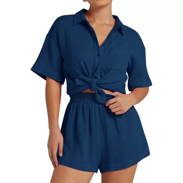Flygo Womens Casual 2 Piece Outfits Cotton Linen Sets Button Down Shirt Top Shorts Pajama Set Tracksuit