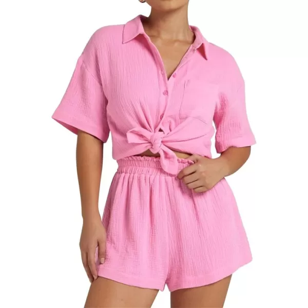 Flygo Womens Casual 2 Piece Outfits Cotton Linen Sets Button Down Shirt Top Shorts Pajama Set Tracksuit