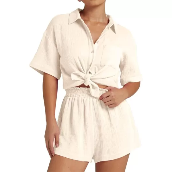 Flygo Womens Casual 2 Piece Outfits Cotton Linen Sets Button Down Shirt Top Shorts Pajama Set Tracksuit