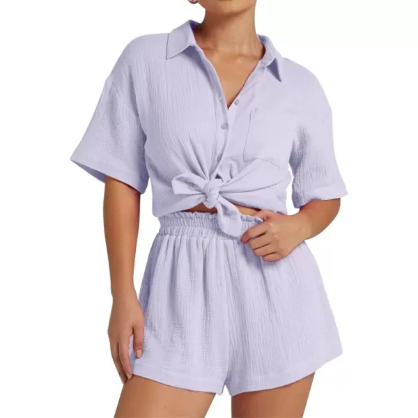 Flygo Womens Casual 2 Piece Outfits Cotton Linen Sets Button Down Shirt Top Shorts Pajama Set Tracksuit