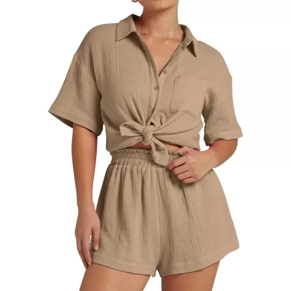 Flygo Womens Casual 2 Piece Outfits Cotton Linen Sets Button Down Shirt Top Shorts Pajama Set Tracksuit