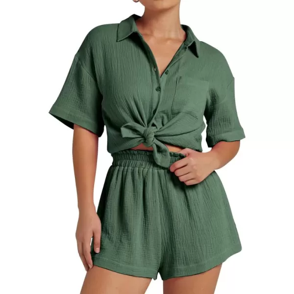 Flygo Womens Casual 2 Piece Outfits Cotton Linen Sets Button Down Shirt Top Shorts Pajama Set Tracksuit