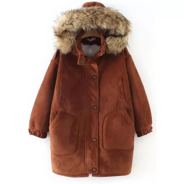 Flygo Women's Oversized Mid-Long Hooded Sherpa Lined Corduroy Jacket Winter Warm Coats