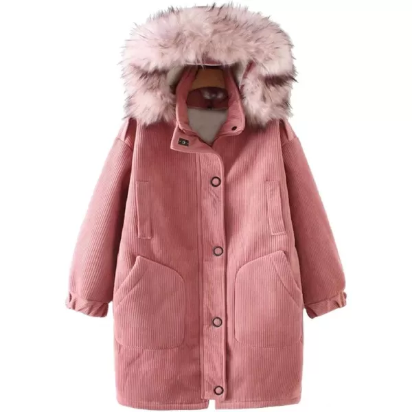 Flygo Women's Oversized Mid-Long Hooded Sherpa Lined Corduroy Jacket Winter Warm Coats