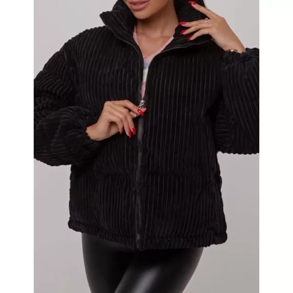 Flygo Corduroy Cropped Puffer Jacket Womens Winter Jackets Long Sleeve Down Puffer coat