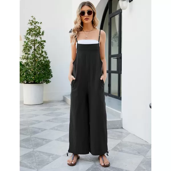Flygo Cotton Linen Black Overalls for Women Loose Fit Adjustable Bib Overall Jumpsuit Rompers