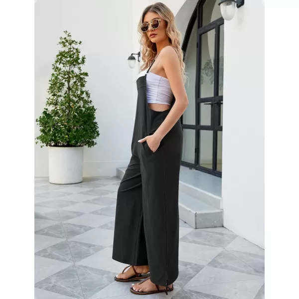 Flygo Cotton Linen Black Overalls for Women Loose Fit Adjustable Bib Overall Jumpsuit Rompers
