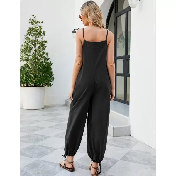 Flygo Cotton Linen Black Overalls for Women Loose Fit Adjustable Bib Overall Jumpsuit Rompers