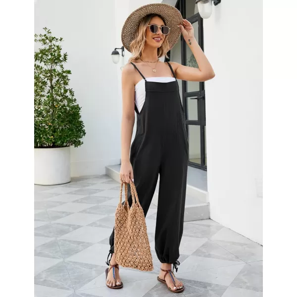 Flygo Cotton Linen Black Overalls for Women Loose Fit Adjustable Bib Overall Jumpsuit Rompers