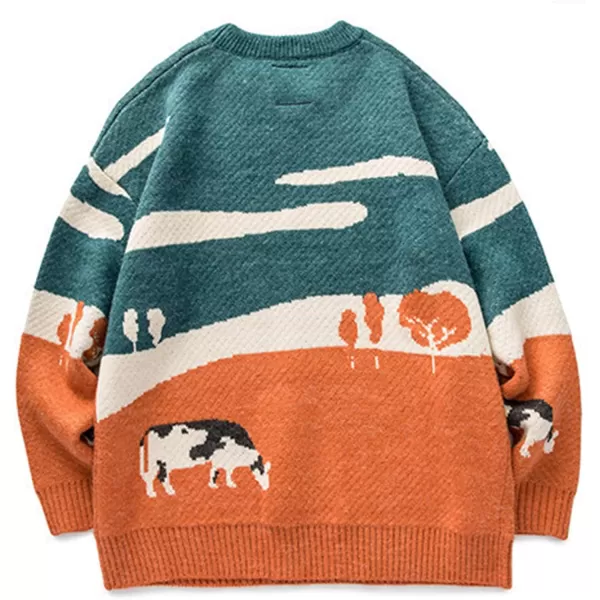 Flygo Mens Cow Sweater Harajuku Oversized Sweaters Casual Knit Pullover Jumper Sweatshirt