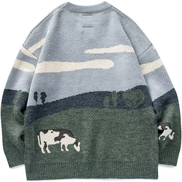 Flygo Mens Cow Sweater Harajuku Oversized Sweaters Casual Knit Pullover Jumper Sweatshirt