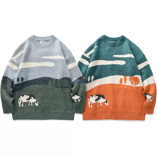 Flygo Mens Cow Sweater Harajuku Oversized Sweaters Casual Knit Pullover Jumper Sweatshirt