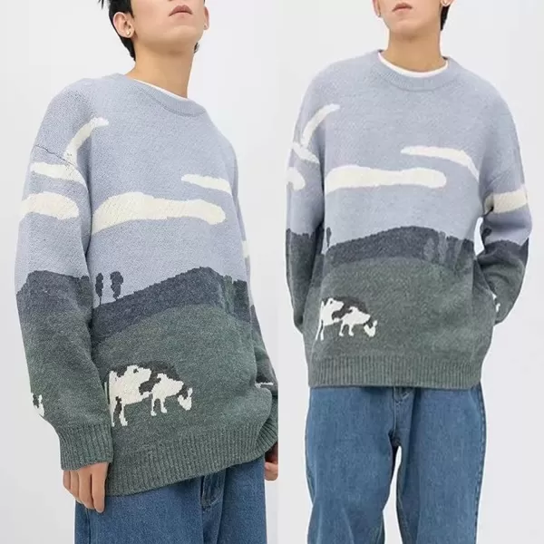 Flygo Mens Cow Sweater Harajuku Oversized Sweaters Casual Knit Pullover Jumper Sweatshirt