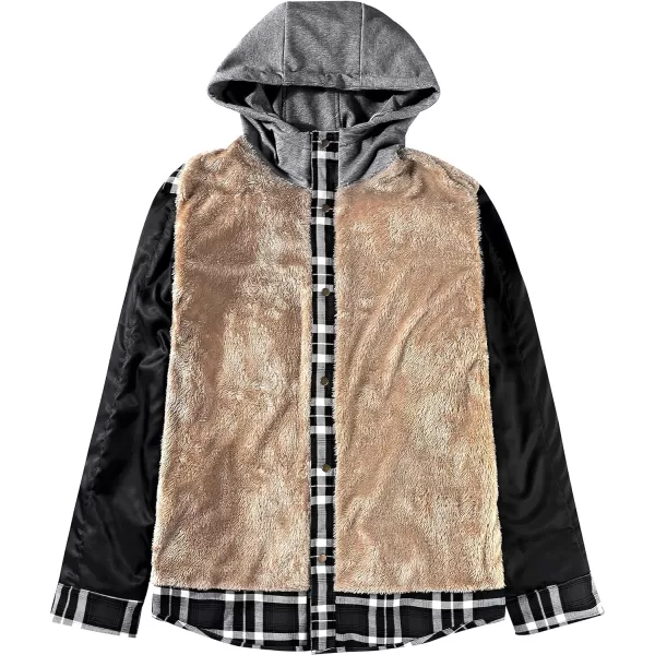 Flygo Men's Outdoor Casual Fleece Sherpa Lined Flannel Plaid Button Down Shirt Jacket