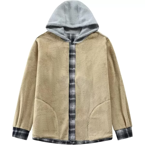 Flygo Men's Outdoor Casual Fleece Sherpa Lined Flannel Plaid Button Down Shirt Jacket