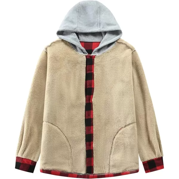 Flygo Men's Outdoor Casual Fleece Sherpa Lined Flannel Plaid Button Down Shirt Jacket