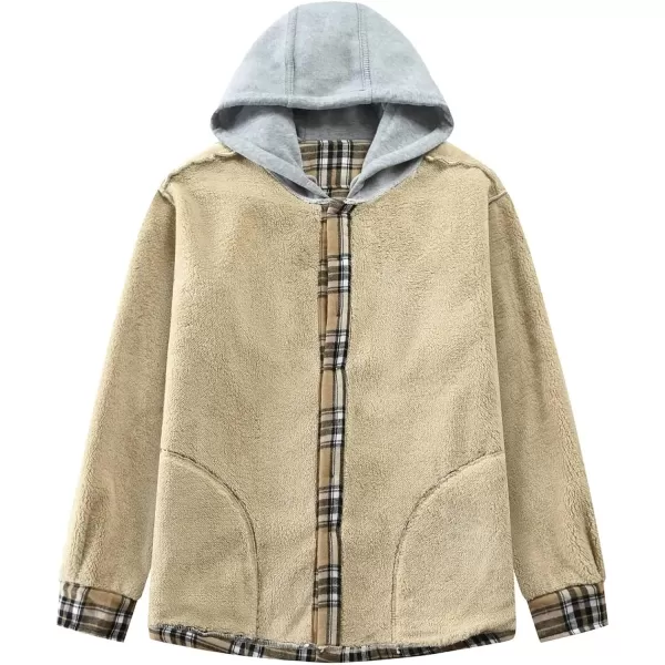 Flygo Men's Outdoor Casual Fleece Sherpa Lined Flannel Plaid Button Down Shirt Jacket