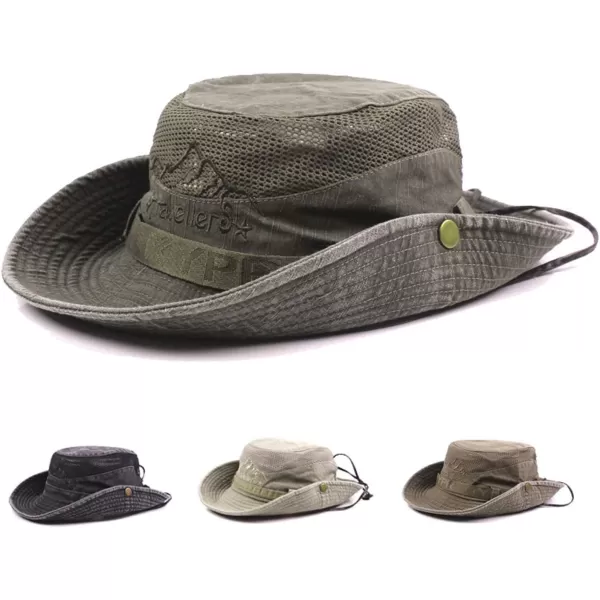 Flygo Mens Outdoor Wide Brim Bucket Mesh Side Snap Fishing Hat Safari Cap