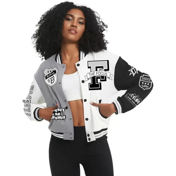 Flygo Women's Cropped Varsity Jacket Baseball Jacket Colorblock Letter Print Y2k Button Down Bomber Uniform