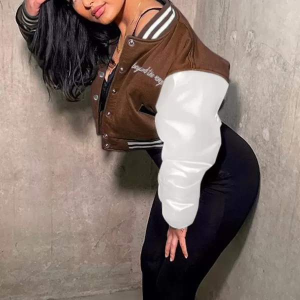 Flygo Women's Cropped Varsity Jacket Baseball Jacket Colorblock Letter Print Y2k Button Down Bomber Uniform