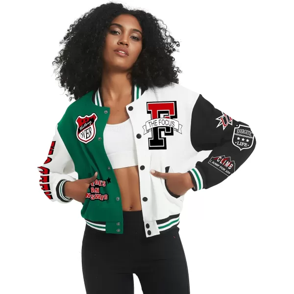 Flygo Women's Cropped Varsity Jacket Baseball Jacket Colorblock Letter Print Y2k Button Down Bomber Uniform