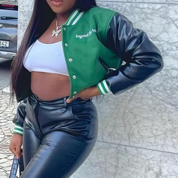 Flygo Women's Cropped Varsity Jacket Baseball Jacket Colorblock Letter Print Y2k Button Down Bomber Uniform