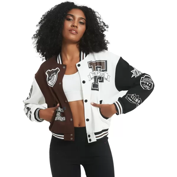 Flygo Women's Cropped Varsity Jacket Baseball Jacket Colorblock Letter Print Y2k Button Down Bomber Uniform