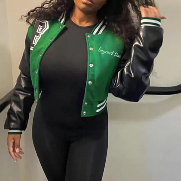 Flygo Women's Cropped Varsity Jacket Baseball Jacket Colorblock Letter Print Y2k Button Down Bomber Uniform