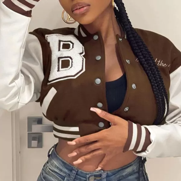 Flygo Women's Cropped Varsity Jacket Baseball Jacket Colorblock Letter Print Y2k Button Down Bomber Uniform