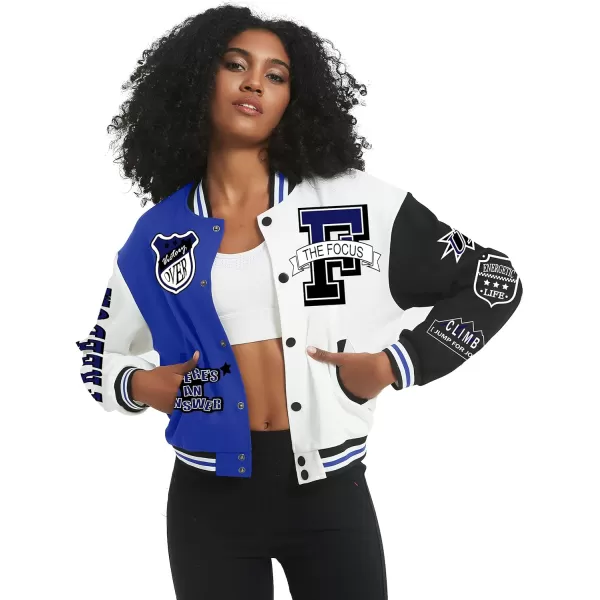 Flygo Women's Cropped Varsity Jacket Baseball Jacket Colorblock Letter Print Y2k Button Down Bomber Uniform