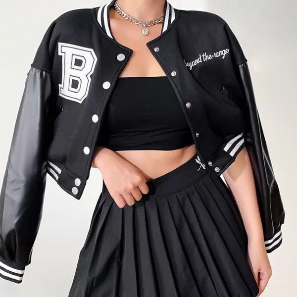 Flygo Women's Cropped Varsity Jacket Baseball Jacket Colorblock Letter Print Y2k Button Down Bomber Uniform