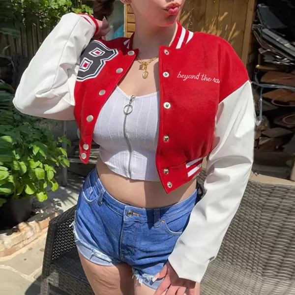 Flygo Women's Cropped Varsity Jacket Baseball Jacket Colorblock Letter Print Y2k Button Down Bomber Uniform