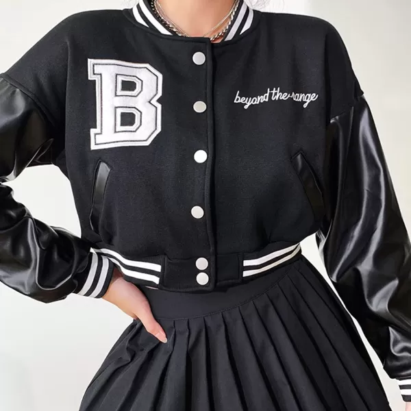 Flygo Women's Cropped Varsity Jacket Baseball Jacket Colorblock Letter Print Y2k Button Down Bomber Uniform