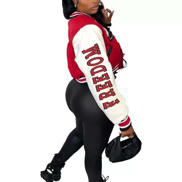 Flygo Women's Cropped Varsity Jacket Baseball Jacket Colorblock Letter Print Y2k Button Down Bomber Uniform