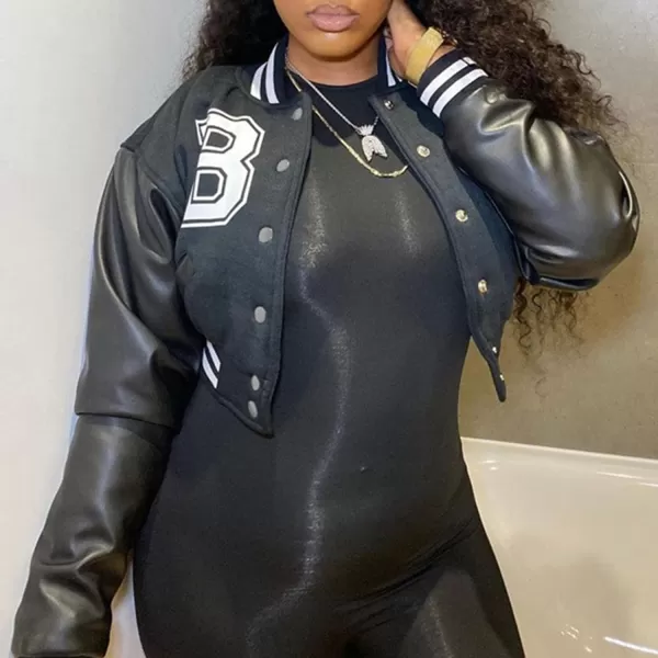 Flygo Women's Cropped Varsity Jacket Baseball Jacket Colorblock Letter Print Y2k Button Down Bomber Uniform