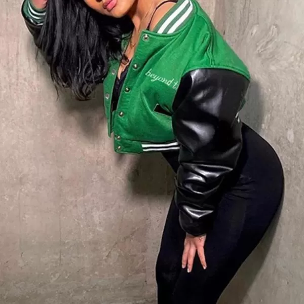 Flygo Women's Cropped Varsity Jacket Baseball Jacket Colorblock Letter Print Y2k Button Down Bomber Uniform