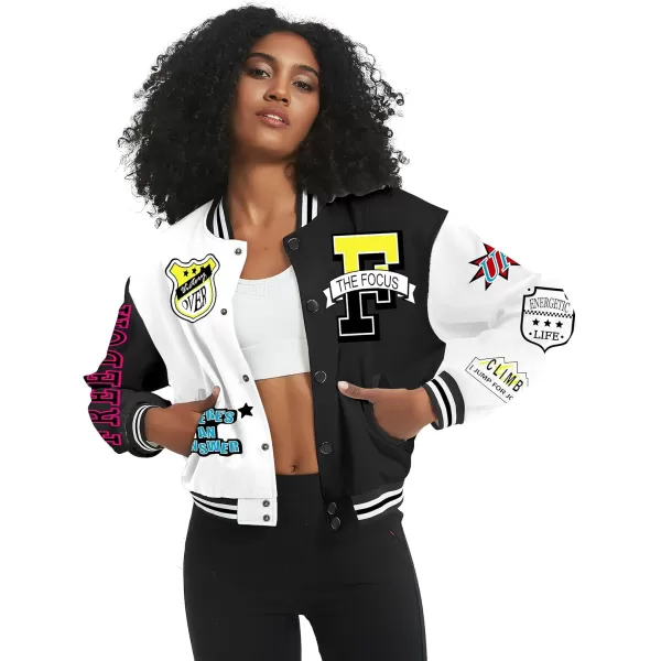 Flygo Women's Cropped Varsity Jacket Baseball Jacket Colorblock Letter Print Y2k Button Down Bomber Uniform