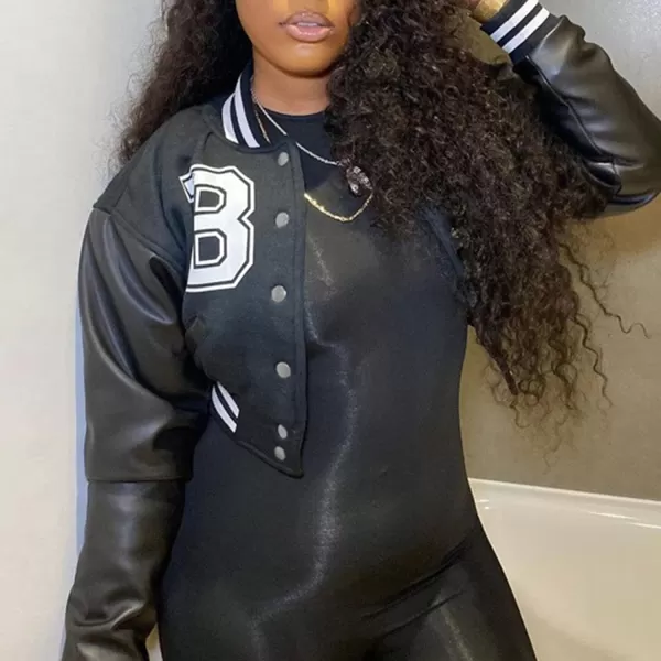 Flygo Women's Cropped Varsity Jacket Baseball Jacket Colorblock Letter Print Y2k Button Down Bomber Uniform