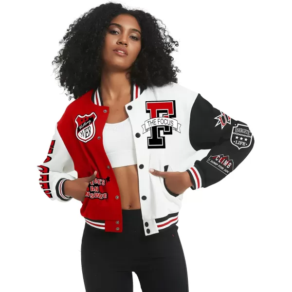Flygo Women's Cropped Varsity Jacket Baseball Jacket Colorblock Letter Print Y2k Button Down Bomber Uniform