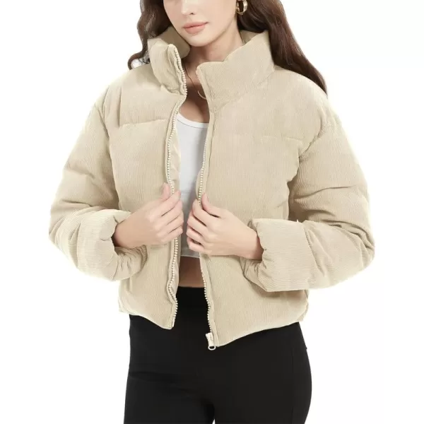 Flygo Corduroy Cropped Puffer Jacket Womens Winter Jackets Long Sleeve Down Puffer coat