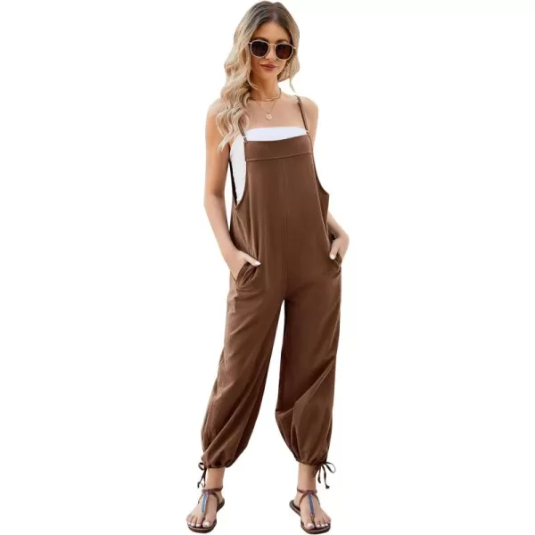 Flygo Cotton Linen Black Overalls for Women Loose Fit Adjustable Bib Overall Jumpsuit Rompers