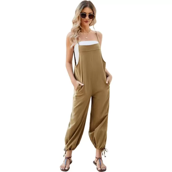 Flygo Cotton Linen Black Overalls for Women Loose Fit Adjustable Bib Overall Jumpsuit Rompers