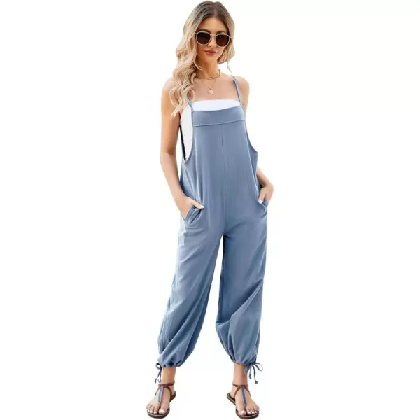 Flygo Cotton Linen Black Overalls for Women Loose Fit Adjustable Bib Overall Jumpsuit Rompers